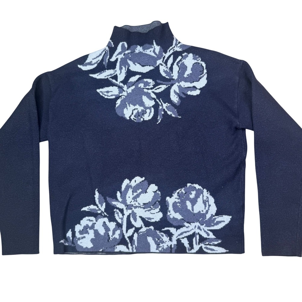 Joie Floral Rose Mock Neck Sweater Womens M Navy Blue Intarsia Knit soft girl